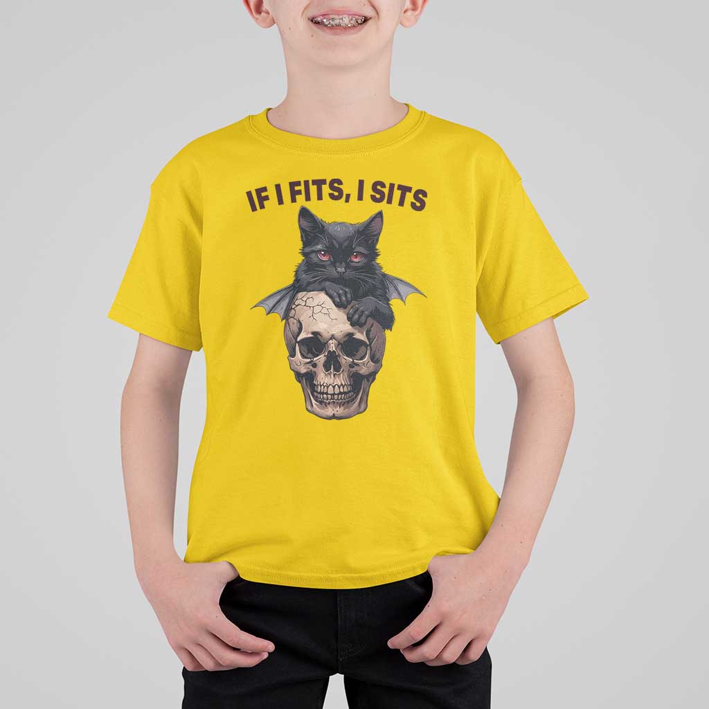 Gothic Cat Skull Graphic T Shirt For Kid If I Fits I Sits Creepy Cute Gift