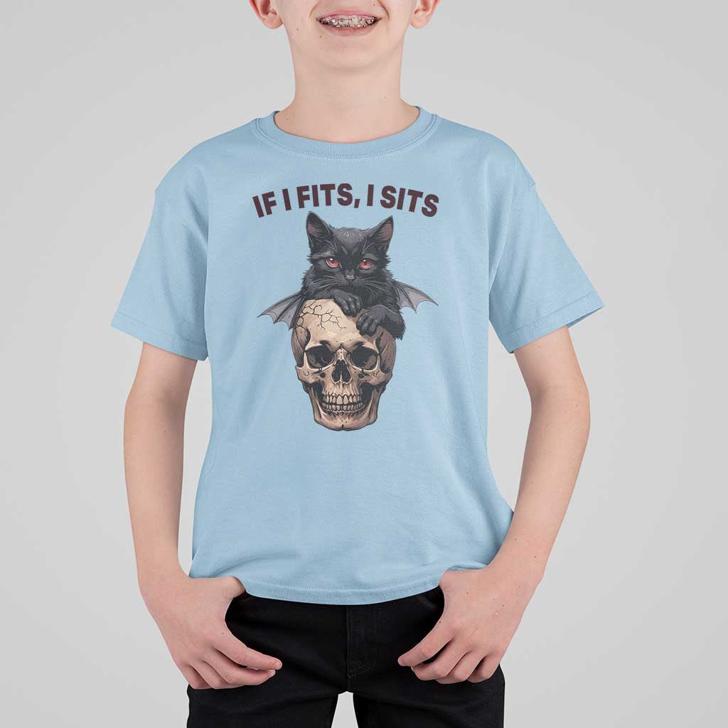 Gothic Cat Skull Graphic T Shirt For Kid If I Fits I Sits Creepy Cute Gift
