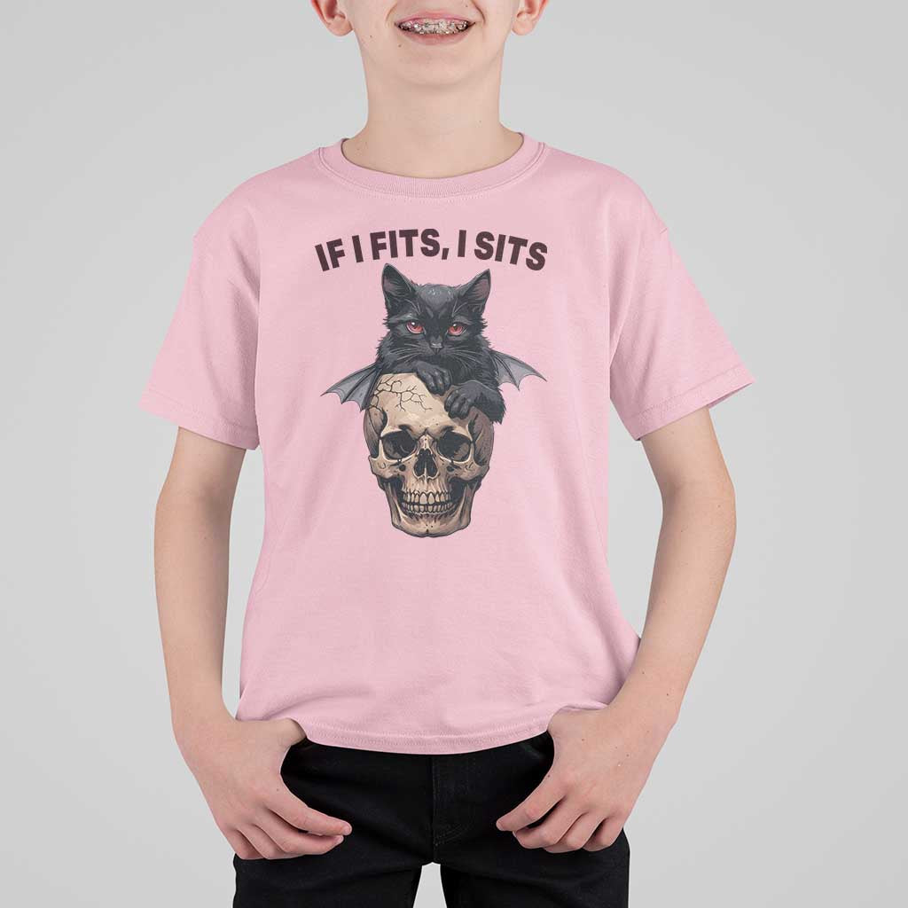 Gothic Cat Skull Graphic T Shirt For Kid If I Fits I Sits Creepy Cute Gift