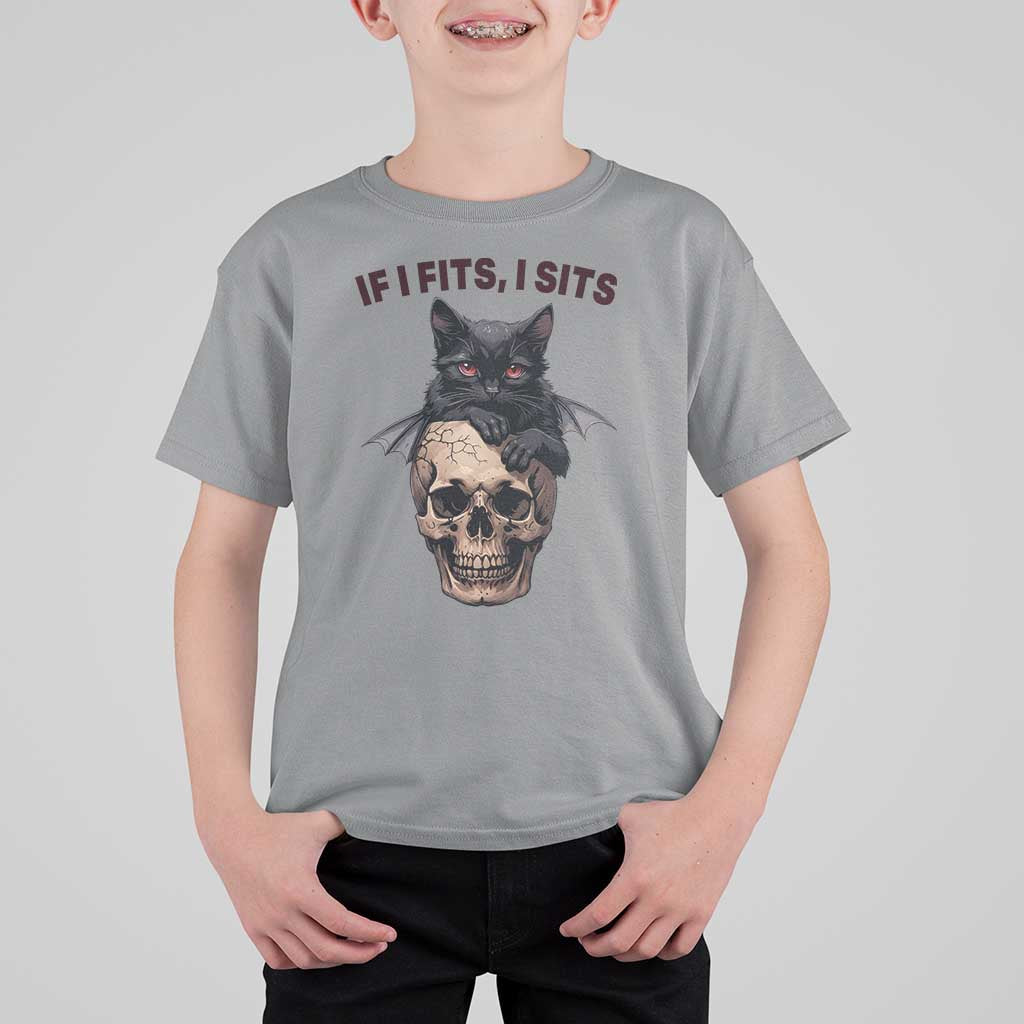 Gothic Cat Skull Graphic T Shirt For Kid If I Fits I Sits Creepy Cute Gift