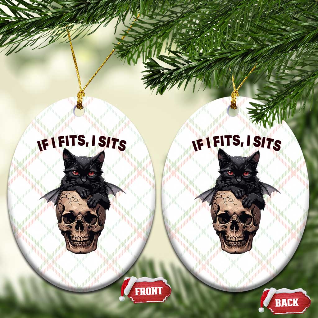 Gothic Cat Skull Graphic Ceramic Ornament If I Fits I Sits Creepy Cute Gift