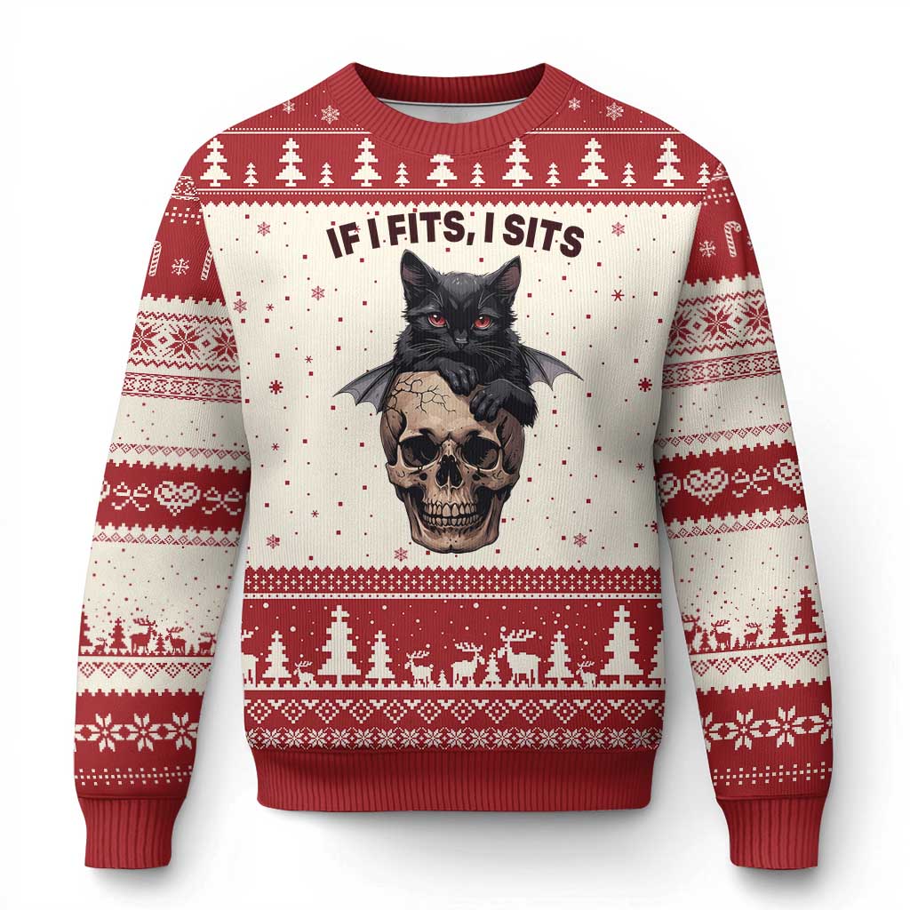 Gothic Cat Skull Graphic Ugly Christmas Sweater If I Fits I Sits Creepy Cute Gift
