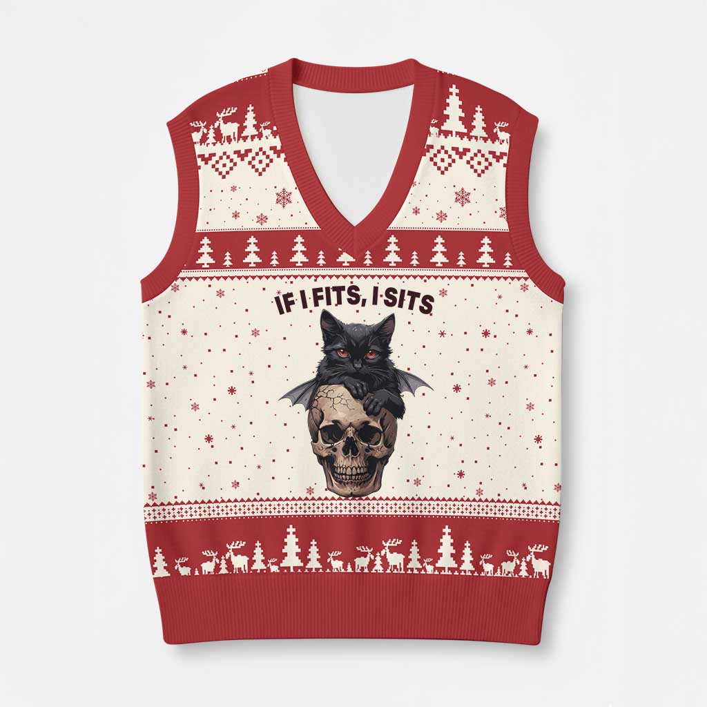 Gothic Cat Skull Graphic V-Neck Knit Sweater Vest If I Fits I Sits Creepy Cute Gift