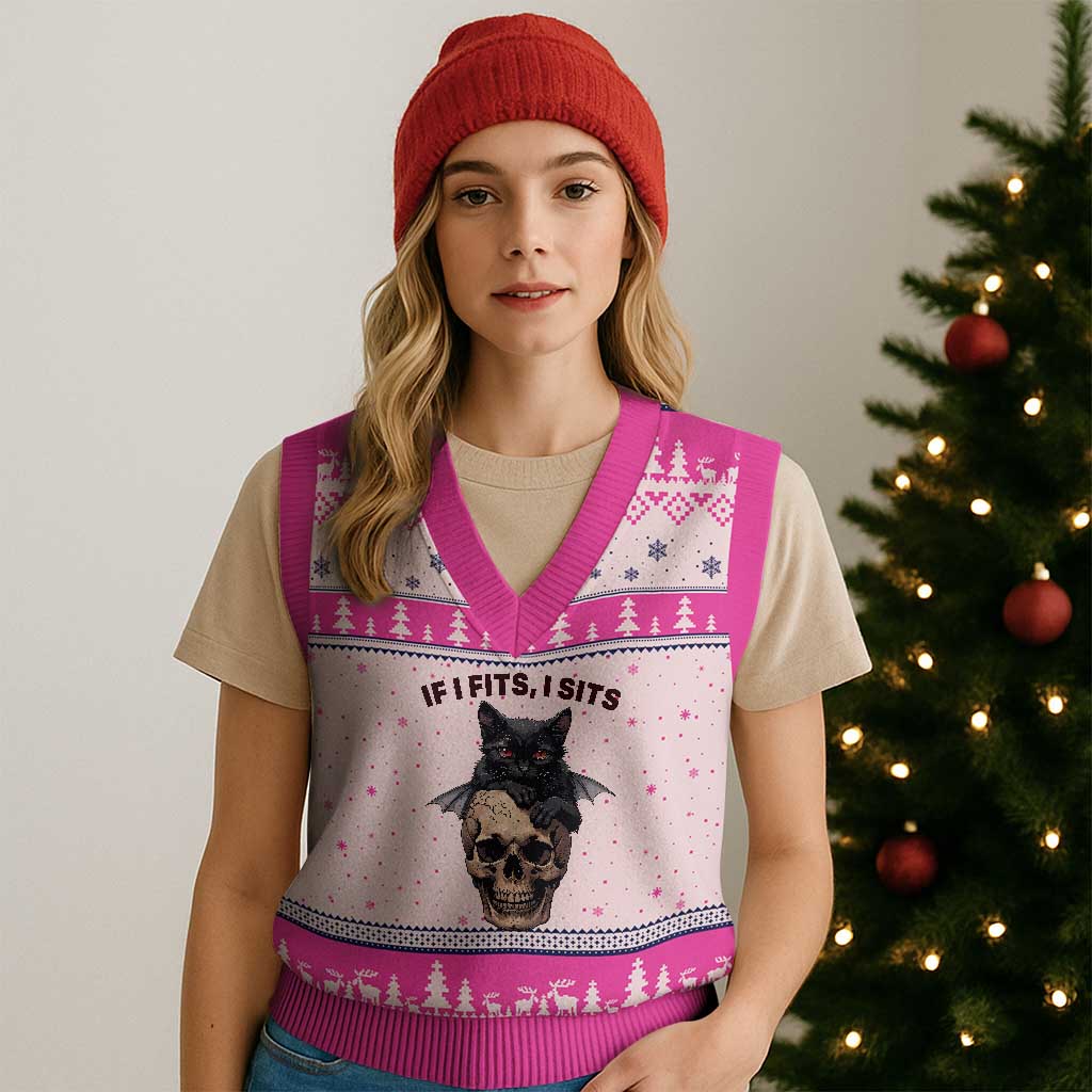 Gothic Cat Skull Graphic V-Neck Knit Sweater Vest If I Fits I Sits Creepy Cute Gift