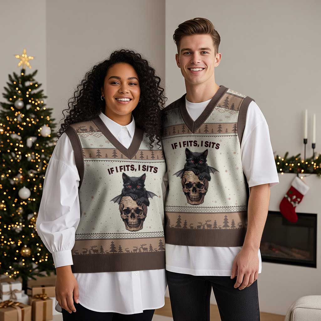 Gothic Cat Skull Graphic V-Neck Knit Sweater Vest If I Fits I Sits Creepy Cute Gift