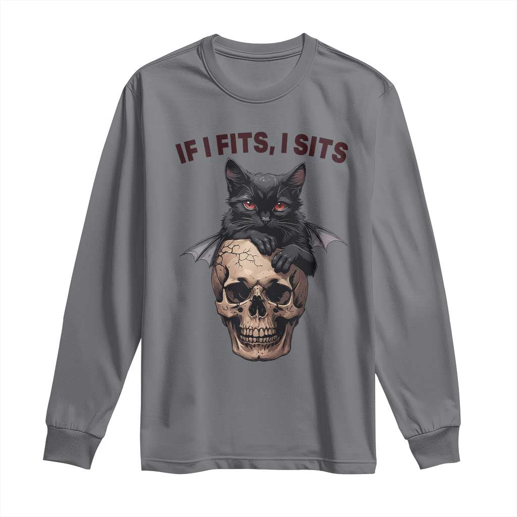 Gothic Cat Skull Graphic Long Sleeve Shirt If I Fits I Sits Creepy Cute Gift