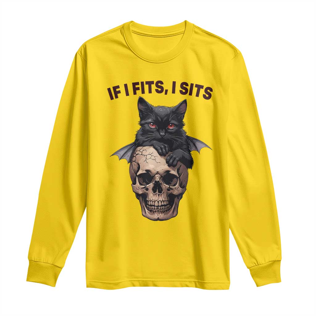 Gothic Cat Skull Graphic Long Sleeve Shirt If I Fits I Sits Creepy Cute Gift
