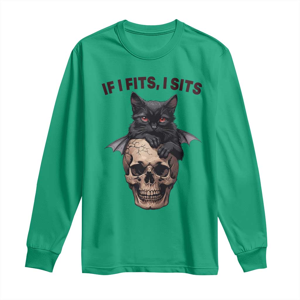 Gothic Cat Skull Graphic Long Sleeve Shirt If I Fits I Sits Creepy Cute Gift