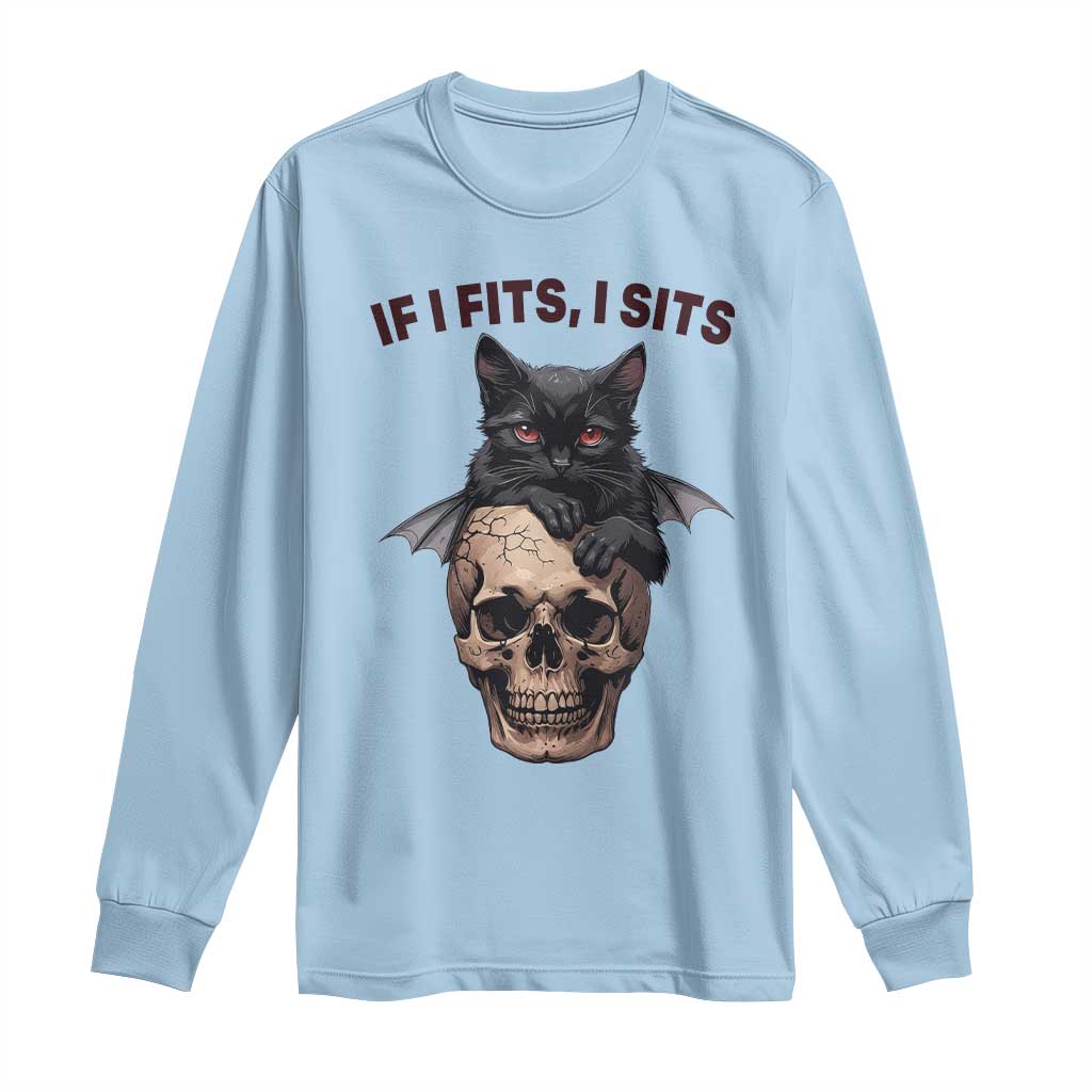 Gothic Cat Skull Graphic Long Sleeve Shirt If I Fits I Sits Creepy Cute Gift