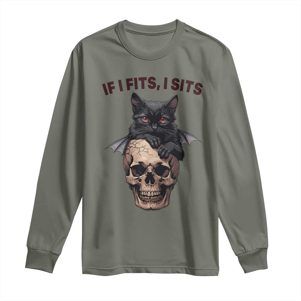 Gothic Cat Skull Graphic Long Sleeve Shirt If I Fits I Sits Creepy Cute Gift