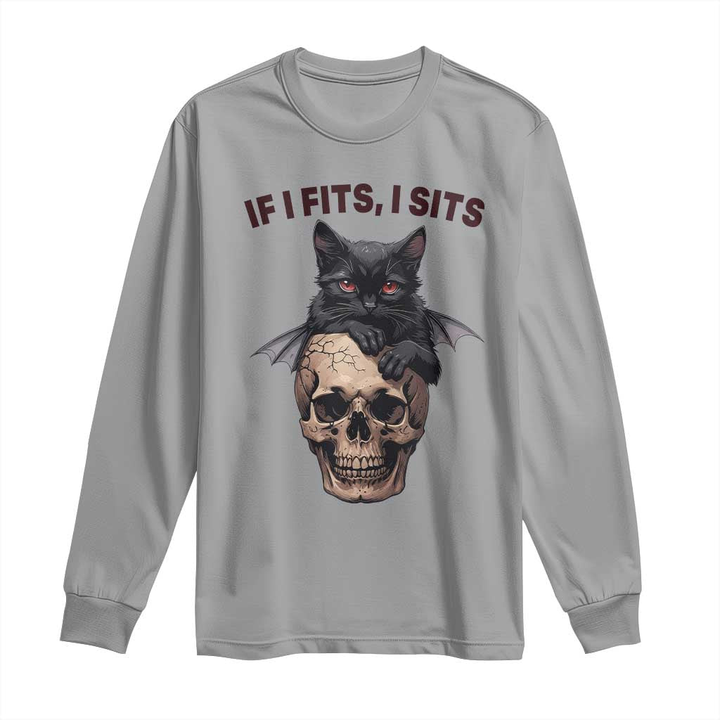 Gothic Cat Skull Graphic Long Sleeve Shirt If I Fits I Sits Creepy Cute Gift