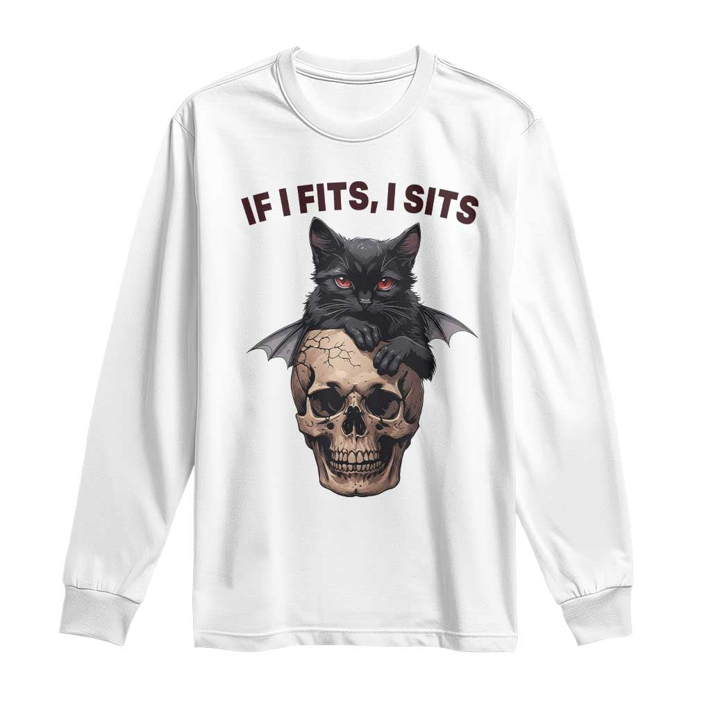 Gothic Cat Skull Graphic Long Sleeve Shirt If I Fits I Sits Creepy Cute Gift