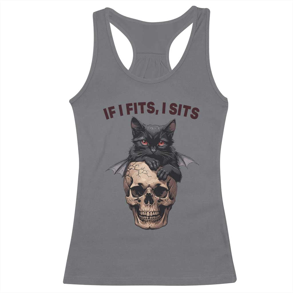 Gothic Cat Skull Graphic Racerback Tank Top If I Fits I Sits Creepy Cute Gift
