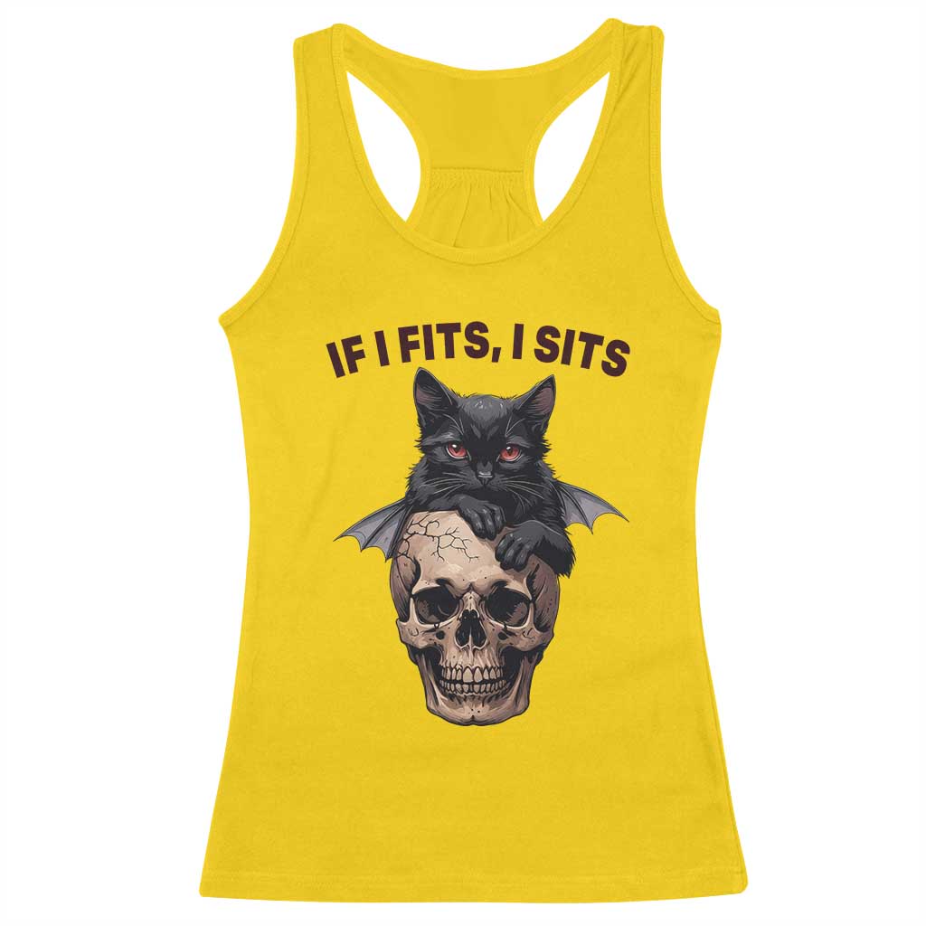 Gothic Cat Skull Graphic Racerback Tank Top If I Fits I Sits Creepy Cute Gift