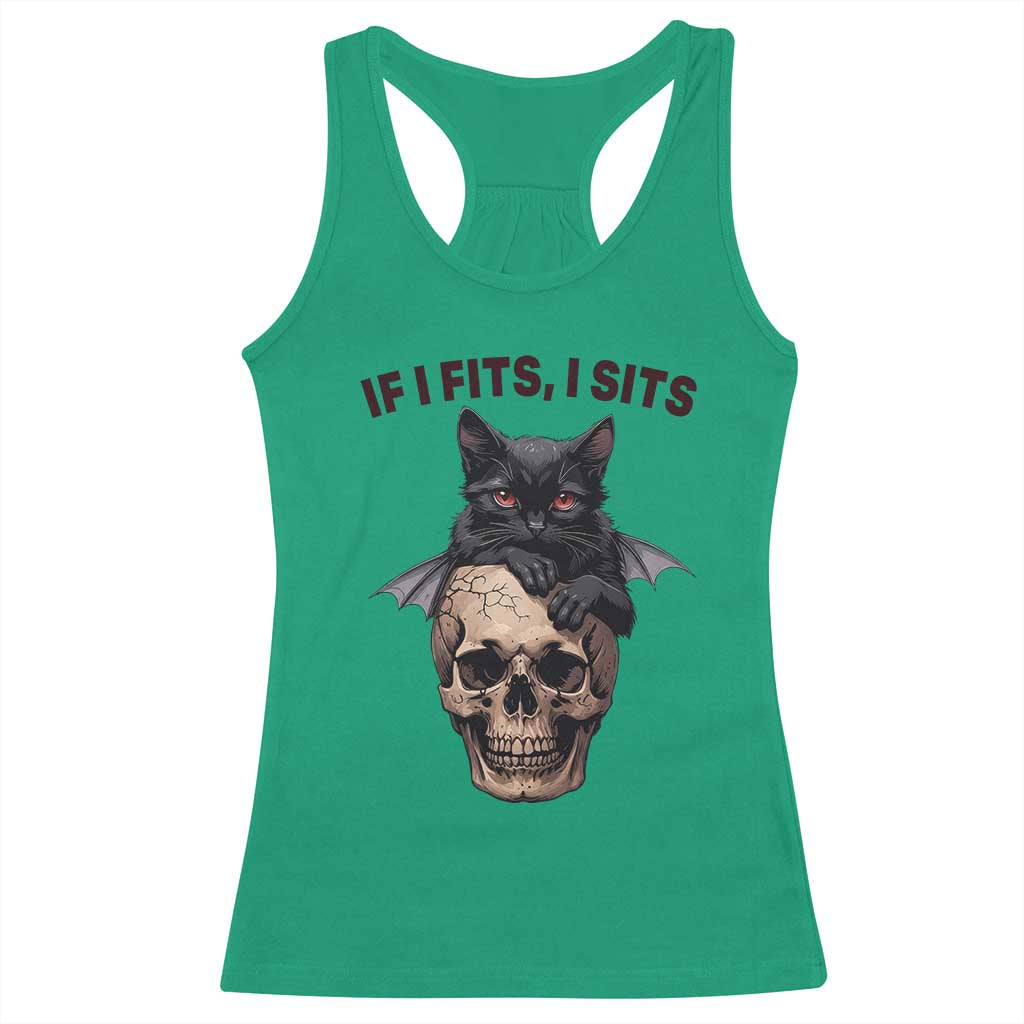 Gothic Cat Skull Graphic Racerback Tank Top If I Fits I Sits Creepy Cute Gift