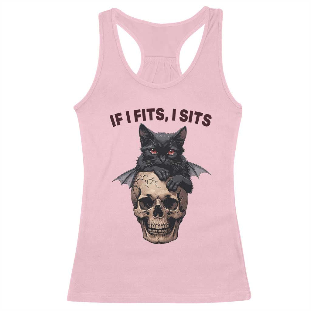 Gothic Cat Skull Graphic Racerback Tank Top If I Fits I Sits Creepy Cute Gift