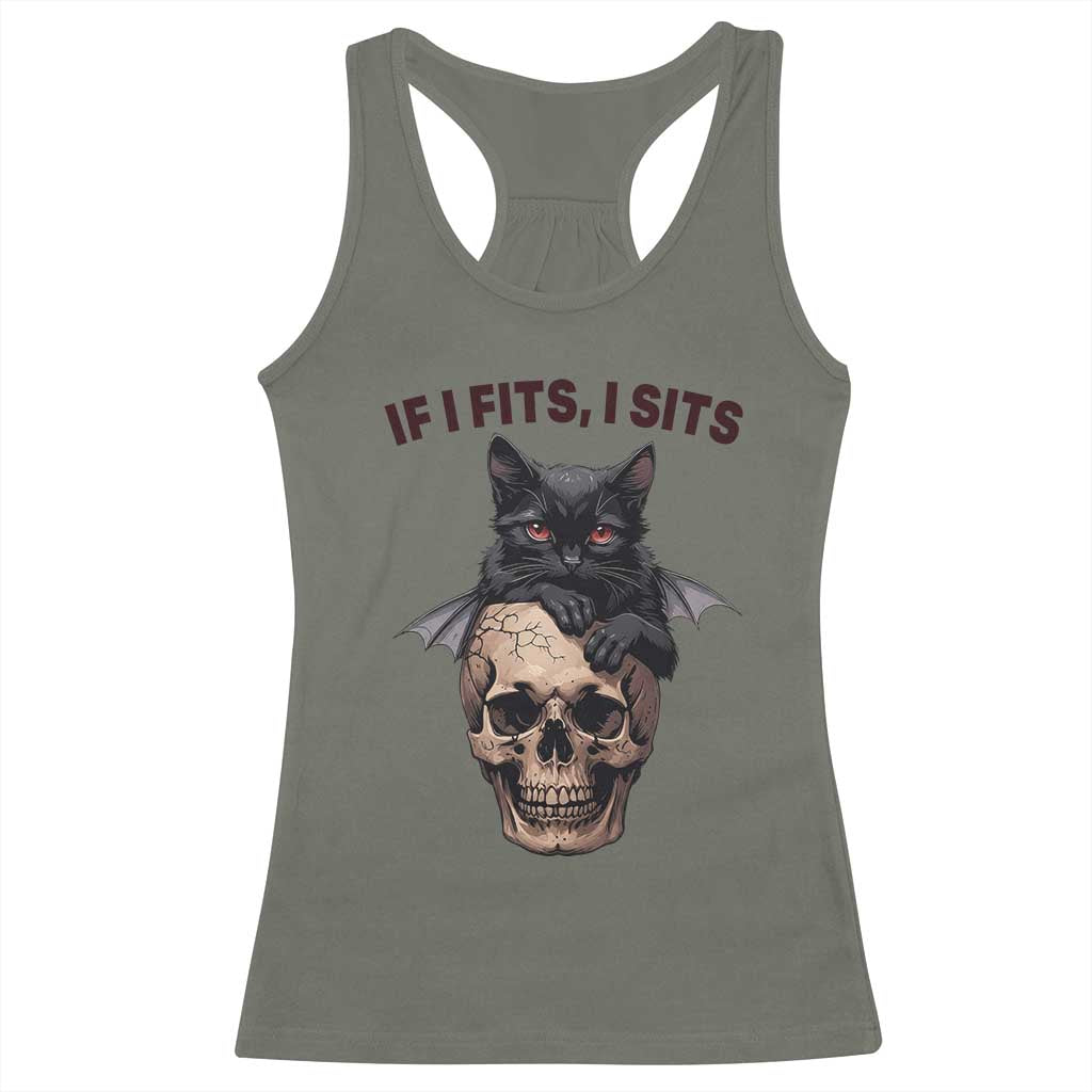 Gothic Cat Skull Graphic Racerback Tank Top If I Fits I Sits Creepy Cute Gift