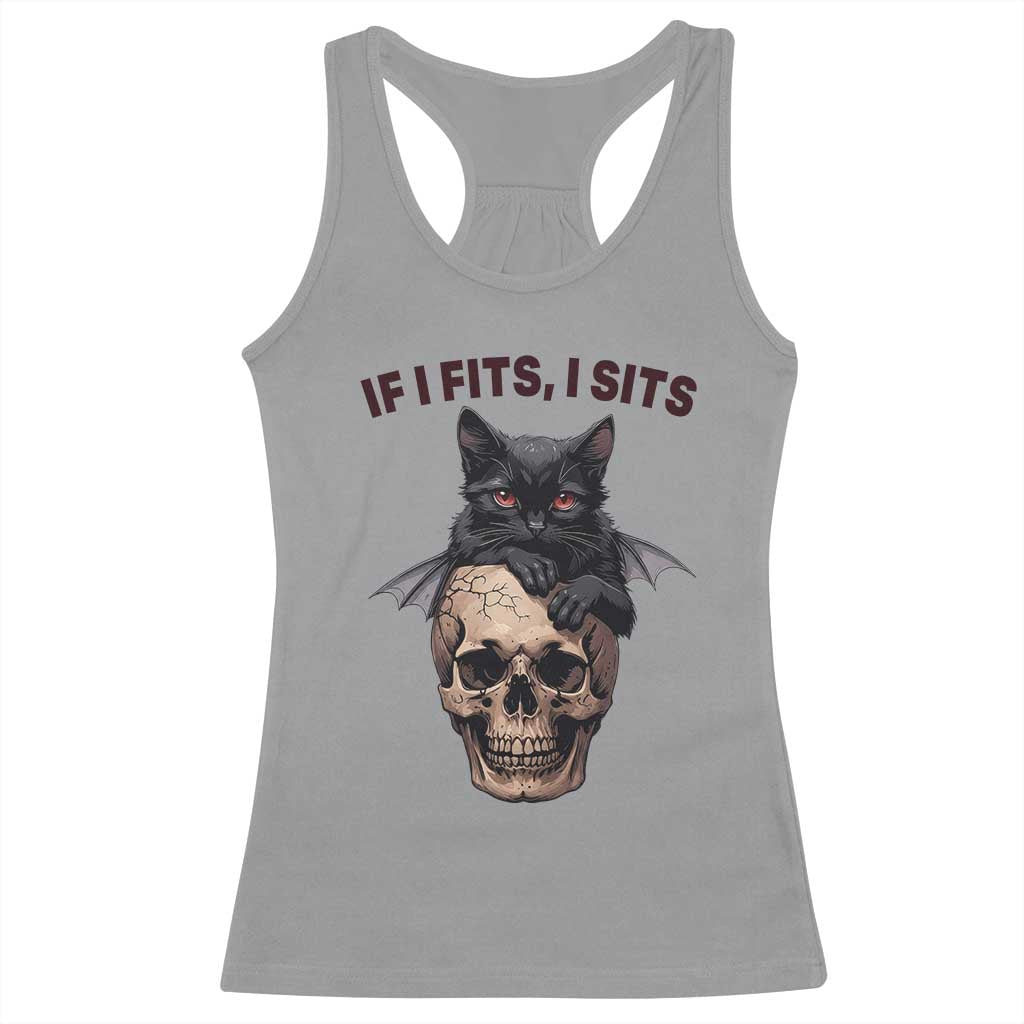 Gothic Cat Skull Graphic Racerback Tank Top If I Fits I Sits Creepy Cute Gift