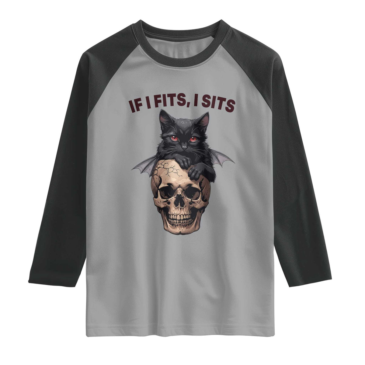 Gothic Cat Skull Graphic Raglan Shirt If I Fits I Sits Creepy Cute Gift