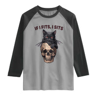 Gothic Cat Skull Graphic Raglan Shirt If I Fits I Sits Creepy Cute Gift