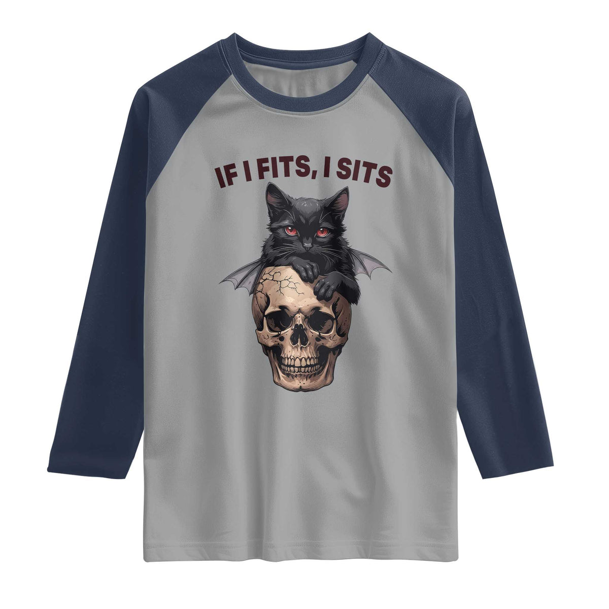 Gothic Cat Skull Graphic Raglan Shirt If I Fits I Sits Creepy Cute Gift