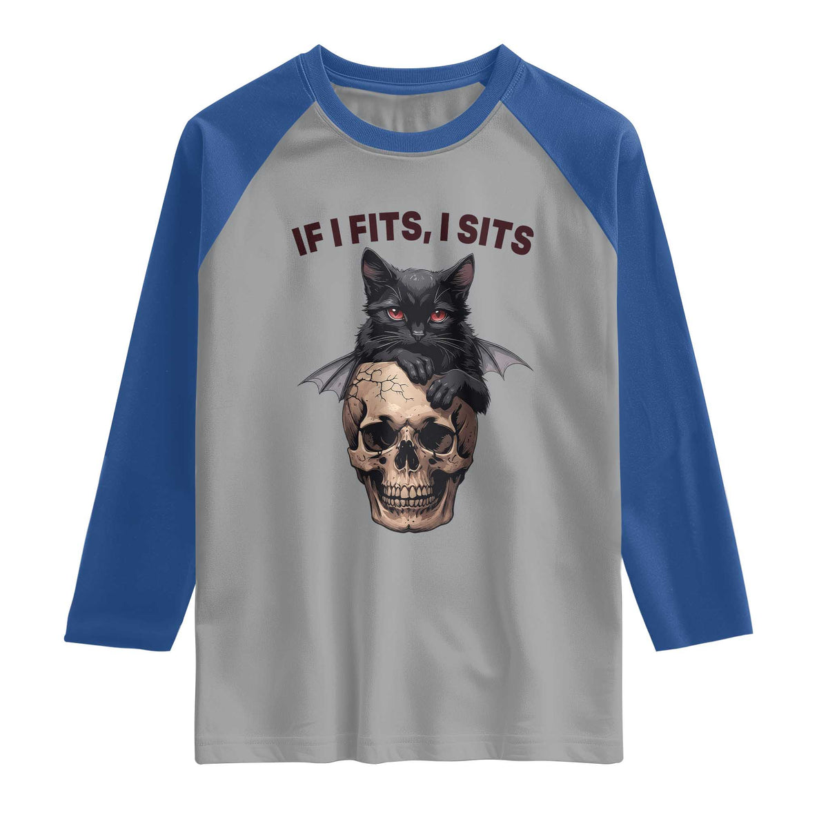 Gothic Cat Skull Graphic Raglan Shirt If I Fits I Sits Creepy Cute Gift