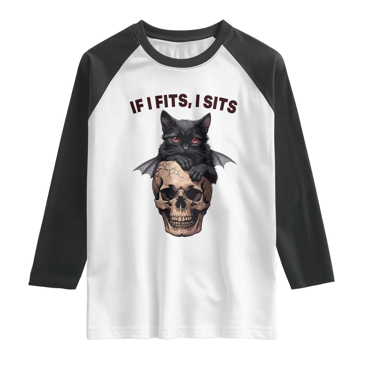 Gothic Cat Skull Graphic Raglan Shirt If I Fits I Sits Creepy Cute Gift