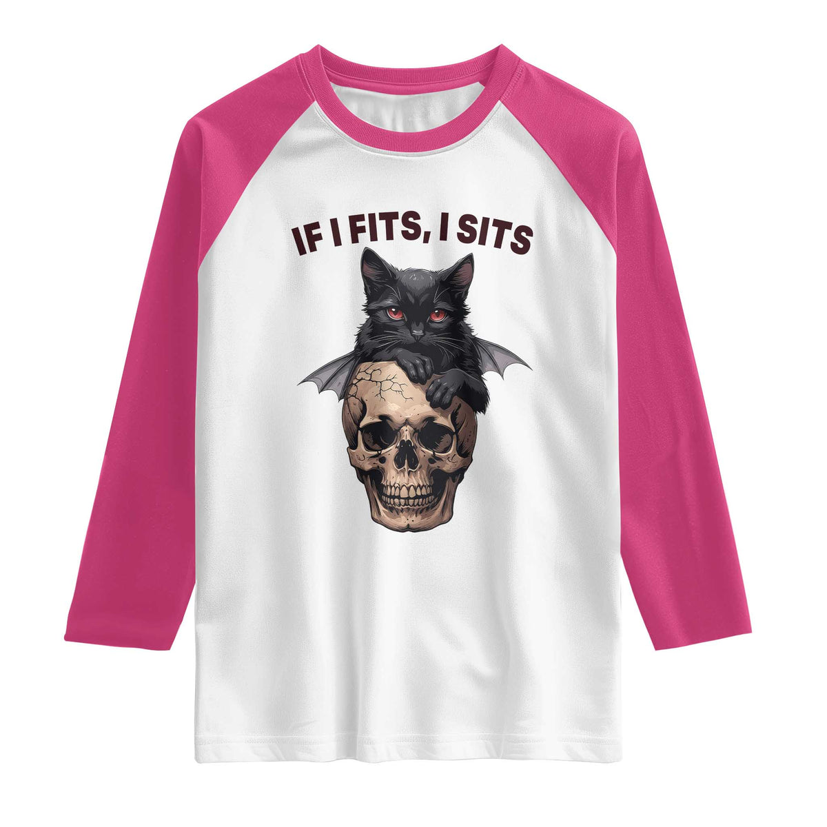 Gothic Cat Skull Graphic Raglan Shirt If I Fits I Sits Creepy Cute Gift