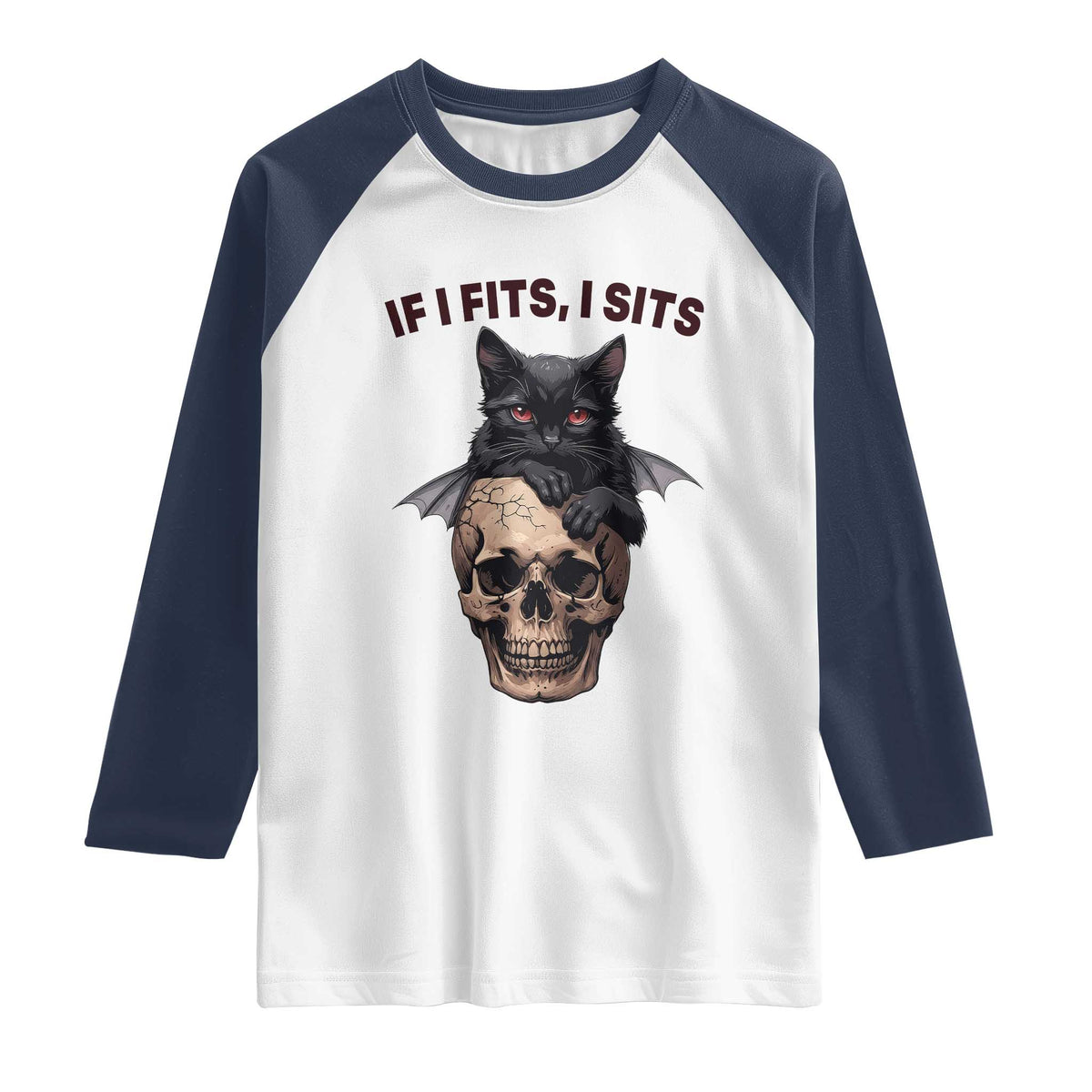 Gothic Cat Skull Graphic Raglan Shirt If I Fits I Sits Creepy Cute Gift