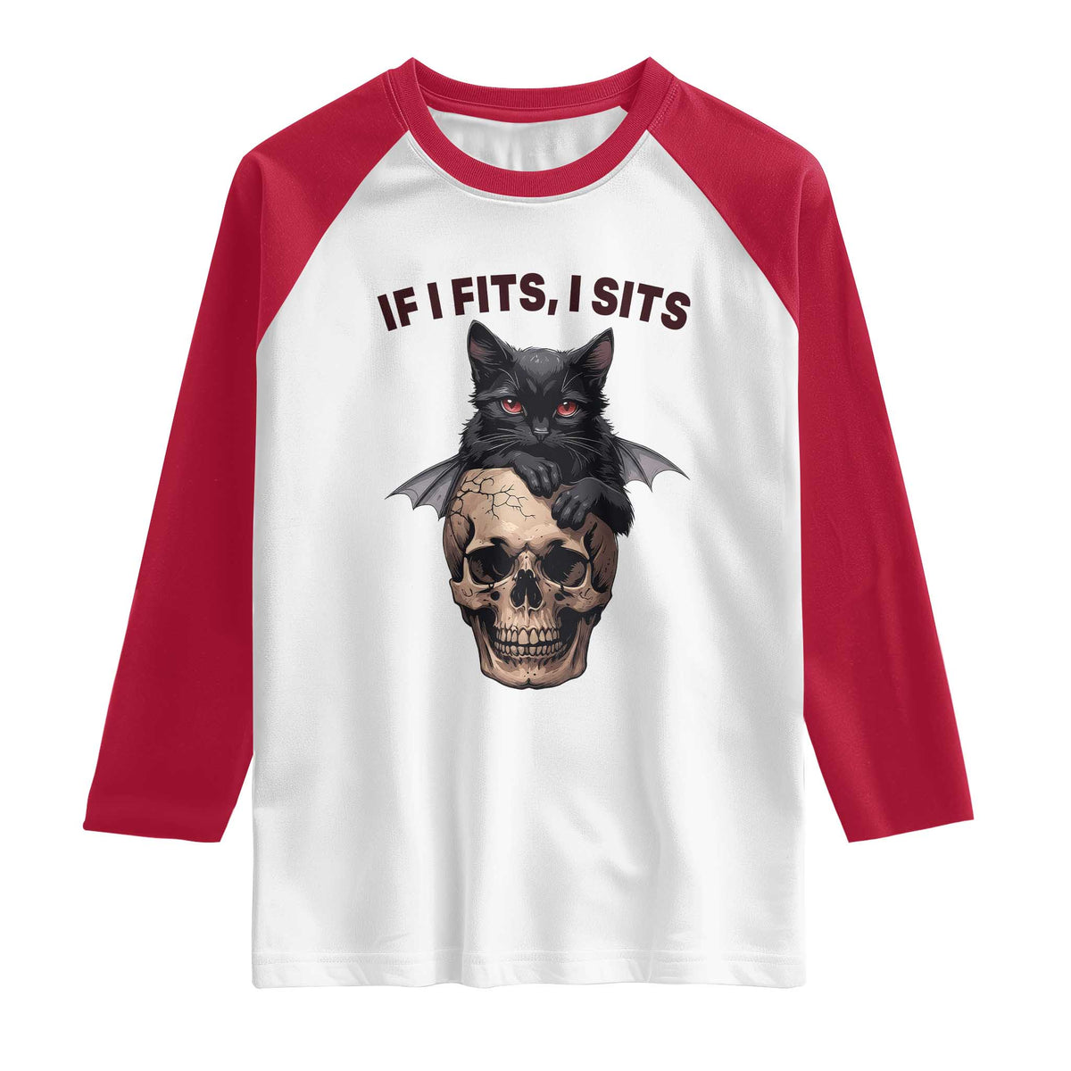 Gothic Cat Skull Graphic Raglan Shirt If I Fits I Sits Creepy Cute Gift
