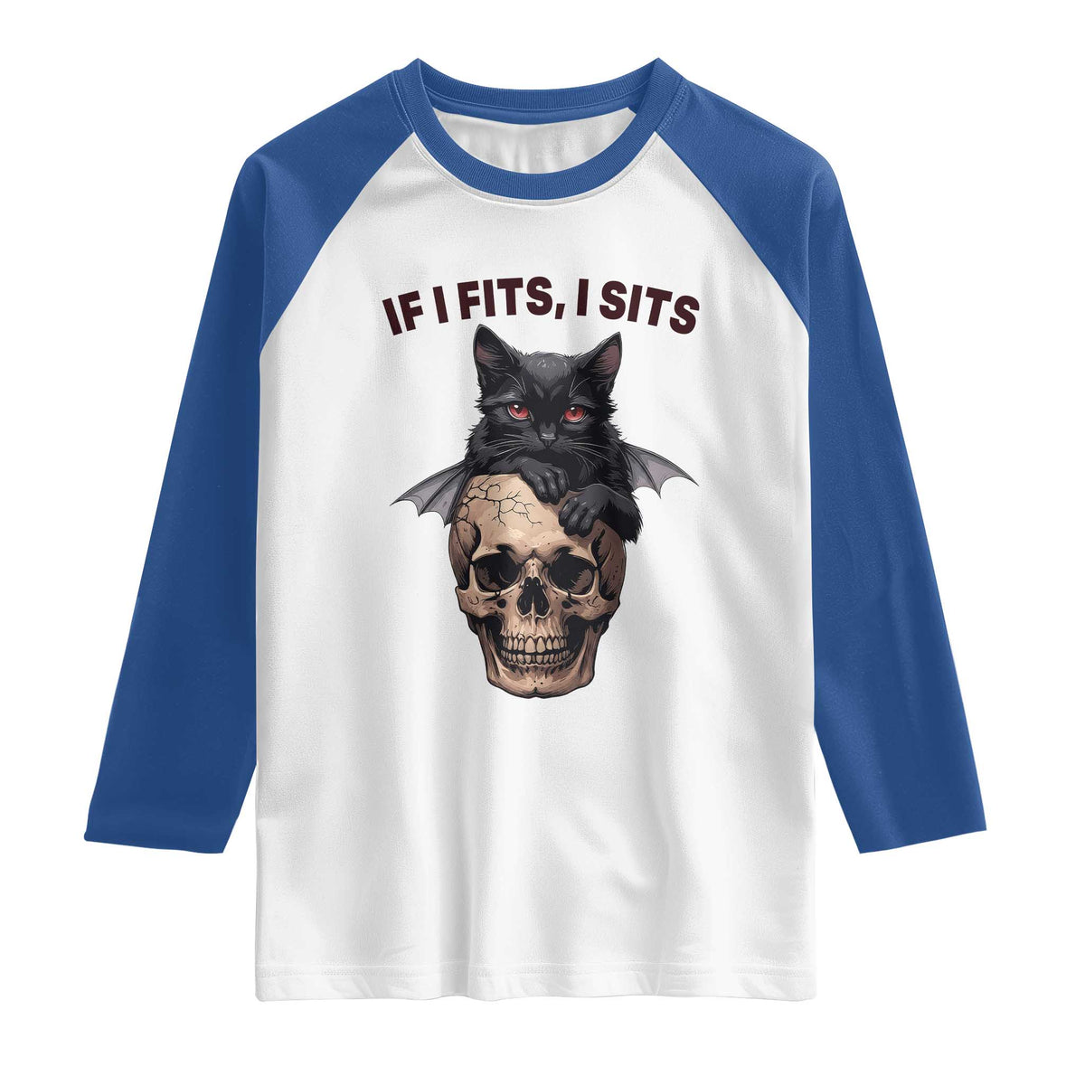 Gothic Cat Skull Graphic Raglan Shirt If I Fits I Sits Creepy Cute Gift
