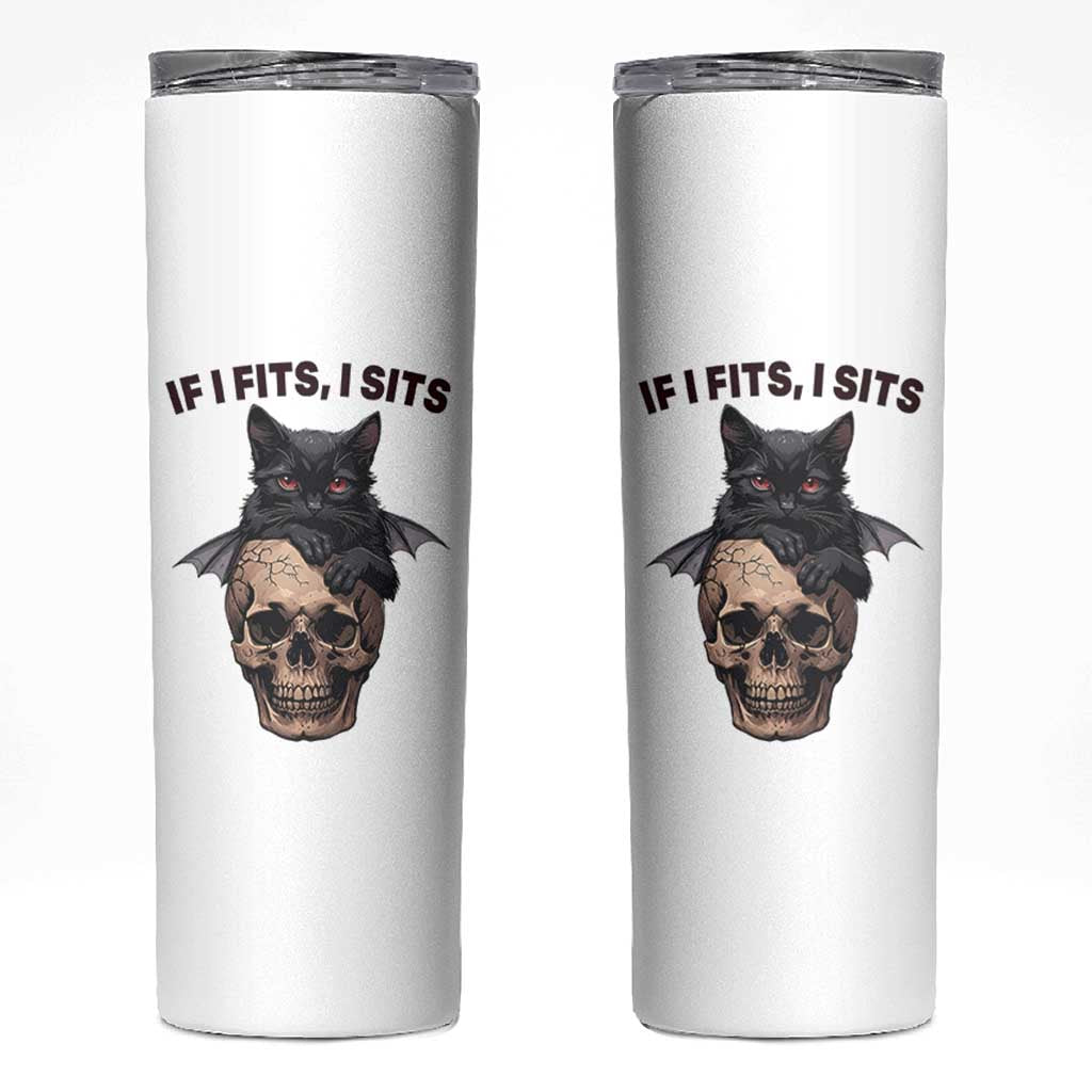 Gothic Cat Skull Graphic Skinny Tumbler If I Fits I Sits Creepy Cute Gift