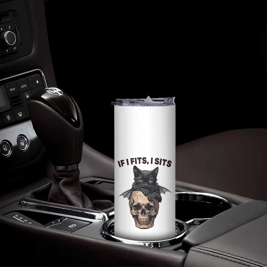 Gothic Cat Skull Graphic Skinny Tumbler If I Fits I Sits Creepy Cute Gift