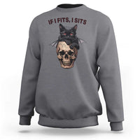 Gothic Cat Skull Graphic Sweatshirt If I Fits I Sits Creepy Cute Gift