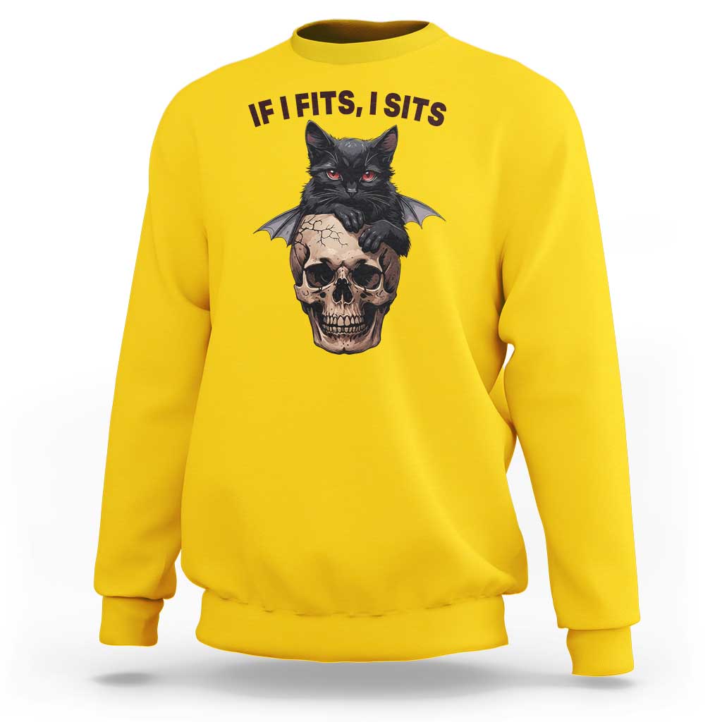 Gothic Cat Skull Graphic Sweatshirt If I Fits I Sits Creepy Cute Gift
