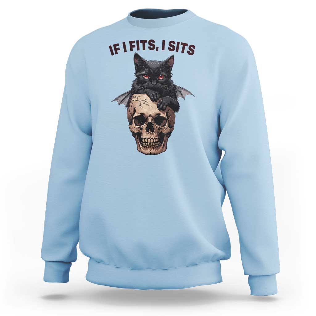 Gothic Cat Skull Graphic Sweatshirt If I Fits I Sits Creepy Cute Gift
