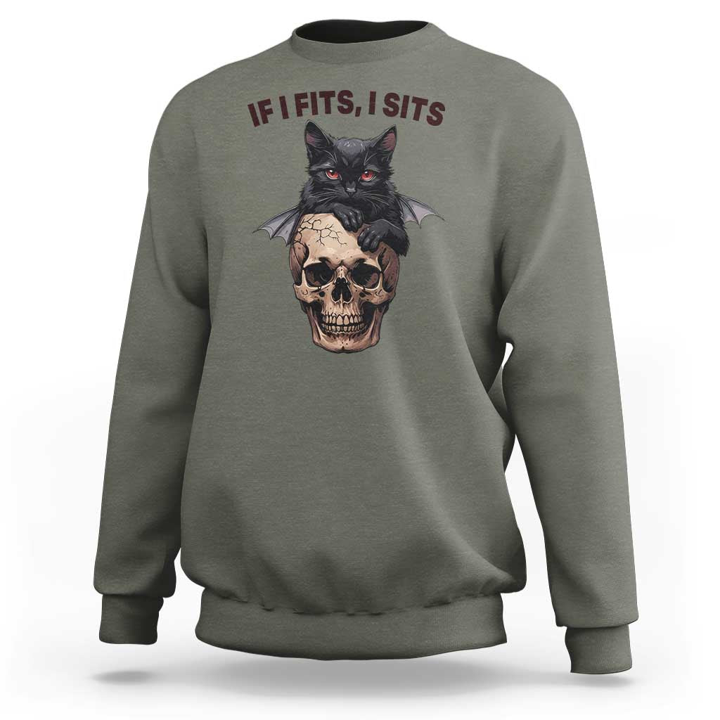 Gothic Cat Skull Graphic Sweatshirt If I Fits I Sits Creepy Cute Gift