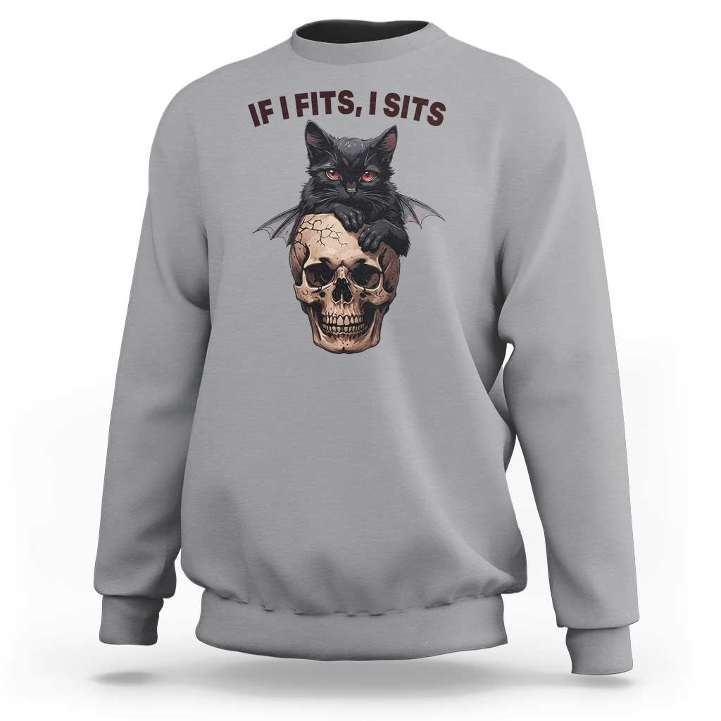 Gothic Cat Skull Graphic Sweatshirt If I Fits I Sits Creepy Cute Gift