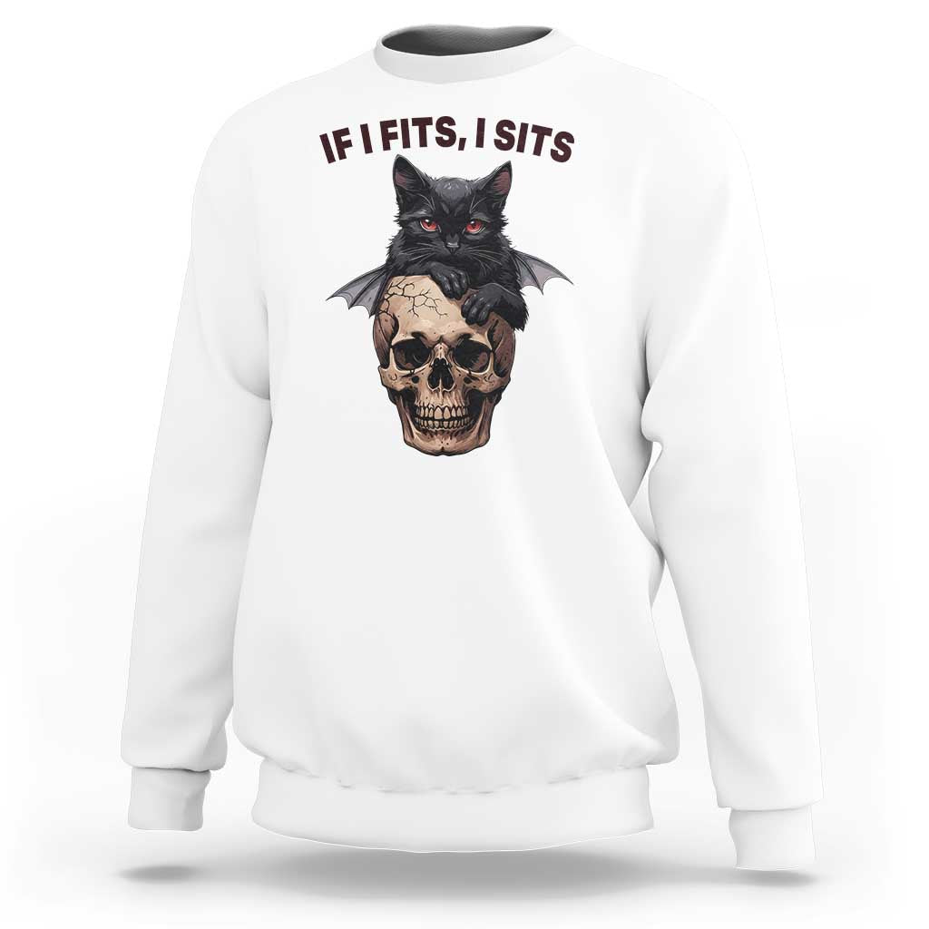 Gothic Cat Skull Graphic Sweatshirt If I Fits I Sits Creepy Cute Gift