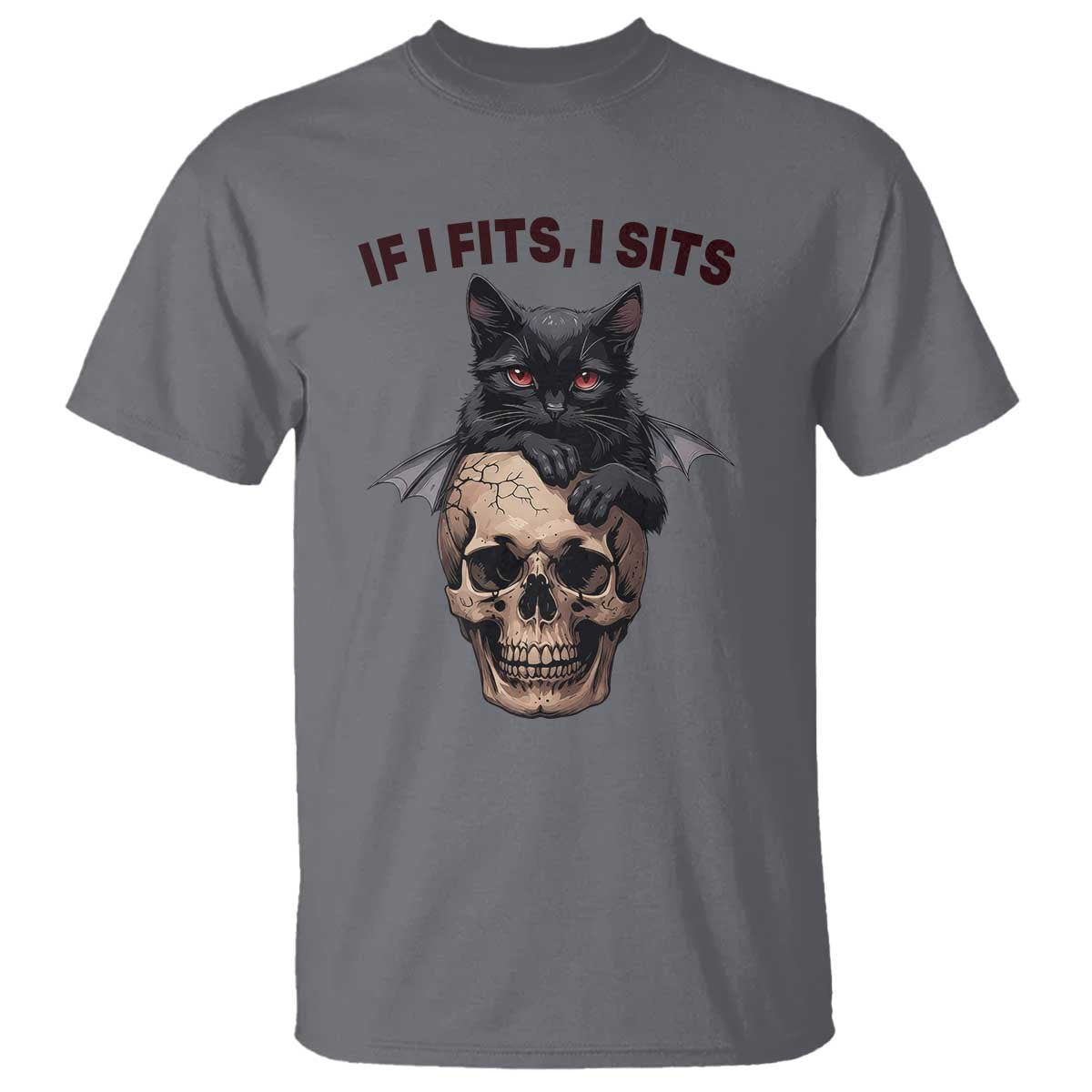 Gothic Cat Skull Graphic T Shirt If I Fits I Sits Creepy Cute Gift