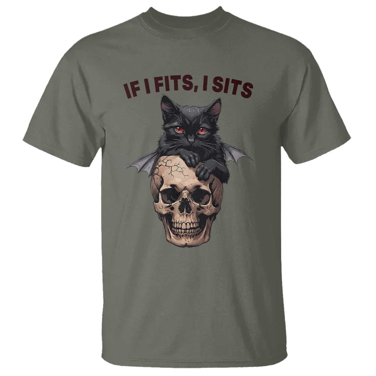Gothic Cat Skull Graphic T Shirt If I Fits I Sits Creepy Cute Gift