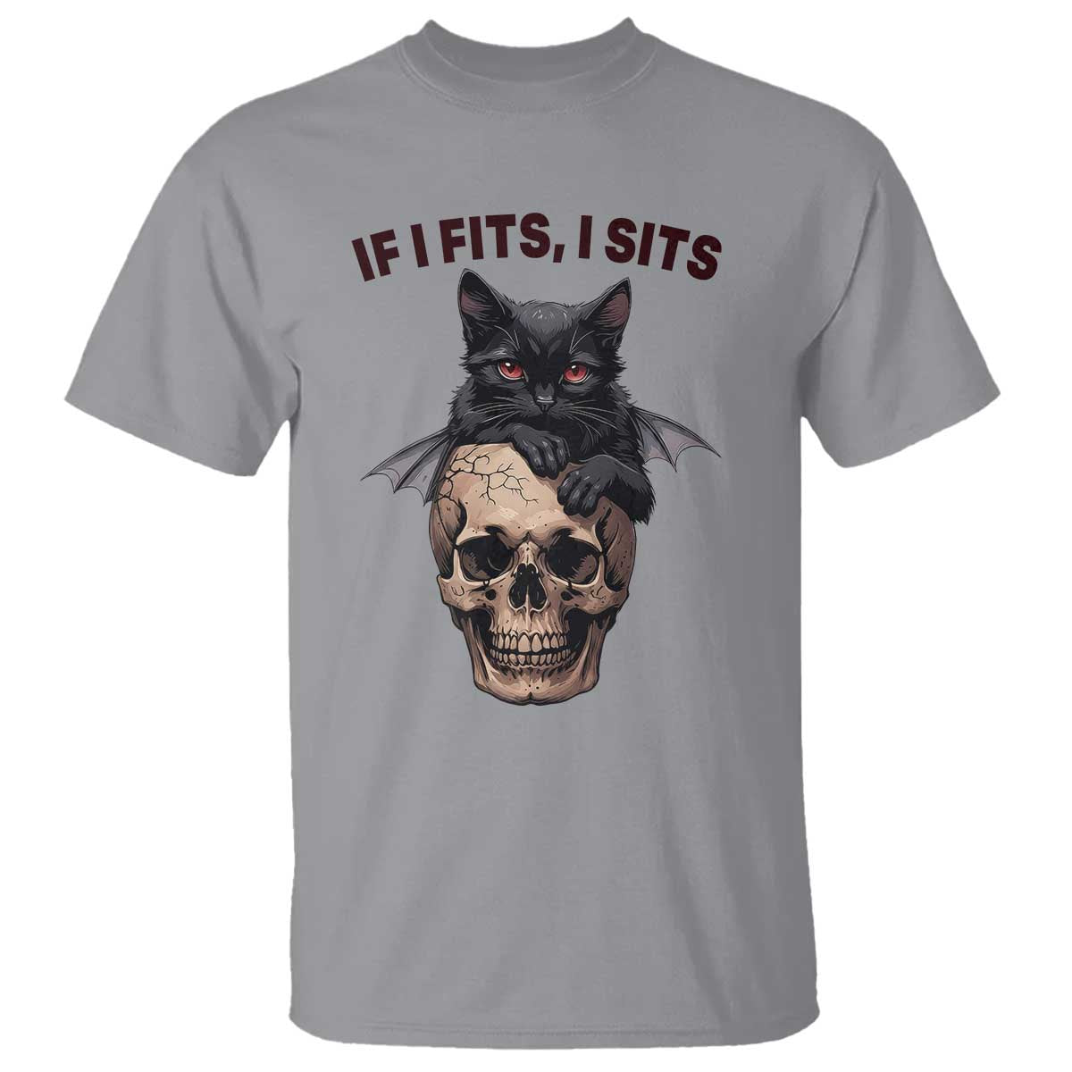 Gothic Cat Skull Graphic T Shirt If I Fits I Sits Creepy Cute Gift