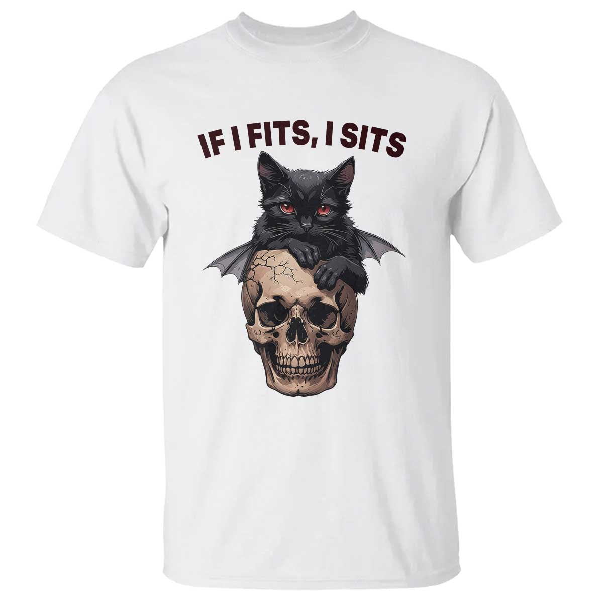 Gothic Cat Skull Graphic T Shirt If I Fits I Sits Creepy Cute Gift