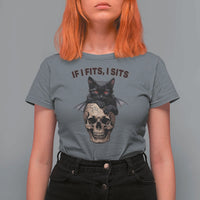 Gothic Cat Skull Graphic T Shirt For Women If I Fits I Sits Creepy Cute Gift