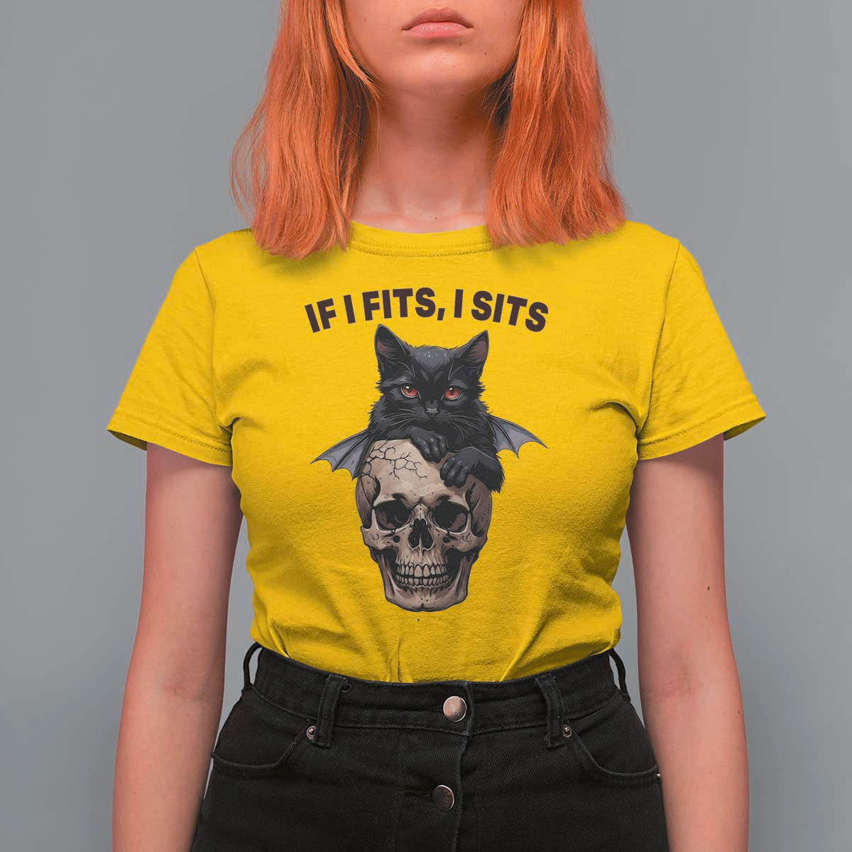 Gothic Cat Skull Graphic T Shirt For Women If I Fits I Sits Creepy Cute Gift