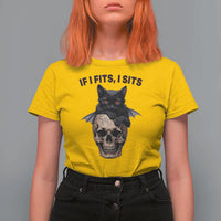 Gothic Cat Skull Graphic T Shirt For Women If I Fits I Sits Creepy Cute Gift
