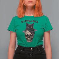 Gothic Cat Skull Graphic T Shirt For Women If I Fits I Sits Creepy Cute Gift