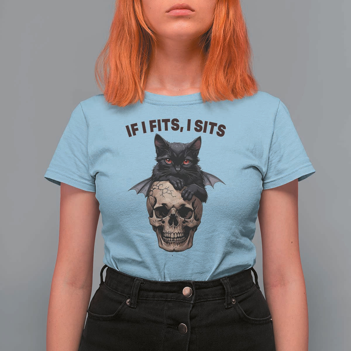 Gothic Cat Skull Graphic T Shirt For Women If I Fits I Sits Creepy Cute Gift