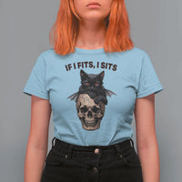 Gothic Cat Skull Graphic T Shirt For Women If I Fits I Sits Creepy Cute Gift