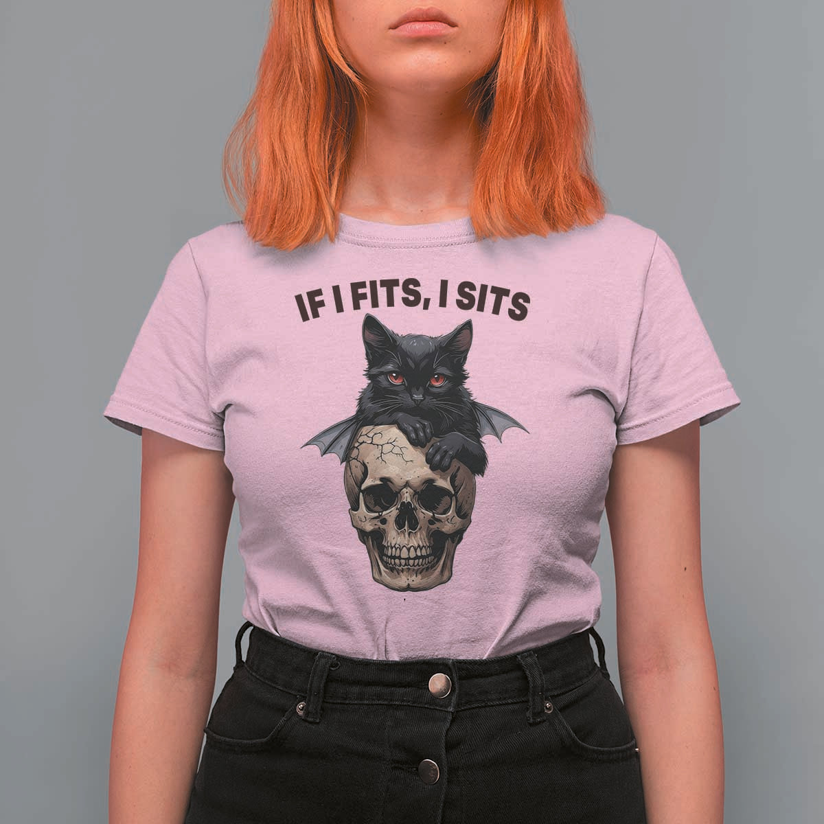 Gothic Cat Skull Graphic T Shirt For Women If I Fits I Sits Creepy Cute Gift
